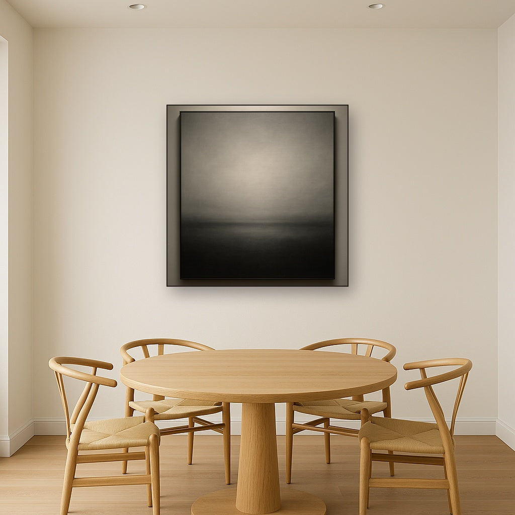 Monochrome Charcoal Drift & Soft Sfumato Horizon No. 13 Oil Painting Staged Above Dining Room Credenza, Elegant Hand Painted Oil Art for Dining Room Walls