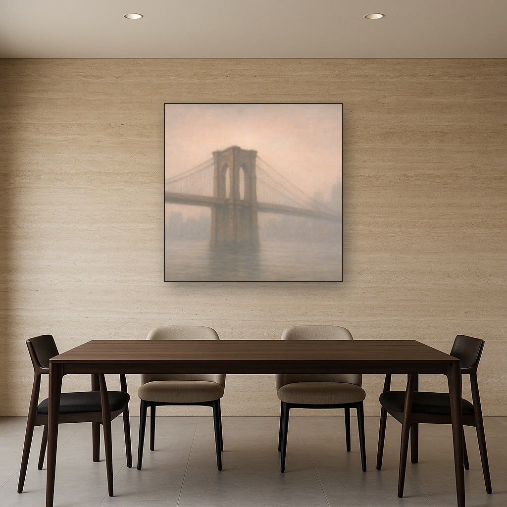 Brooklyn Bridge in Morning River Mist No. 26 Oil Painting Staged Above Dining Room Credenza, Elegant Hand Painted Oil Art for Dining Room Walls