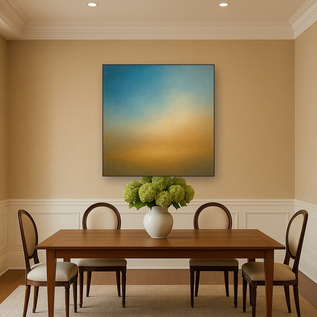 Celestial Azure & Warm Ochre Equilibrium No. 18 Oil Painting Staged Above Dining Room Credenza, Elegant Hand Painted Oil Art for Dining Room Walls