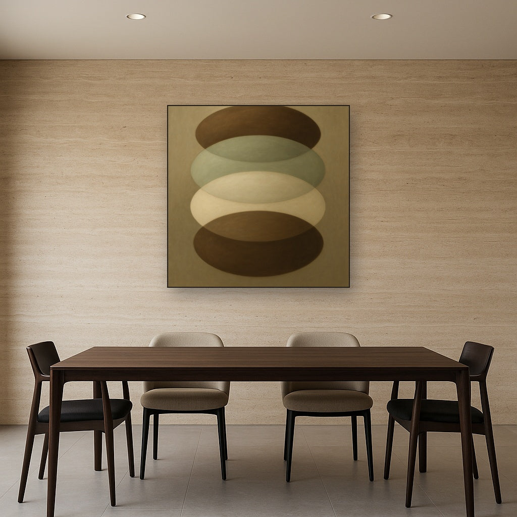 Floating Ellipse Harmony in Walnut & Pale Sage No. 5 Oil Painting Staged Above Dining Room Credenza, Elegant Hand Painted Oil Art for Dining Room Walls