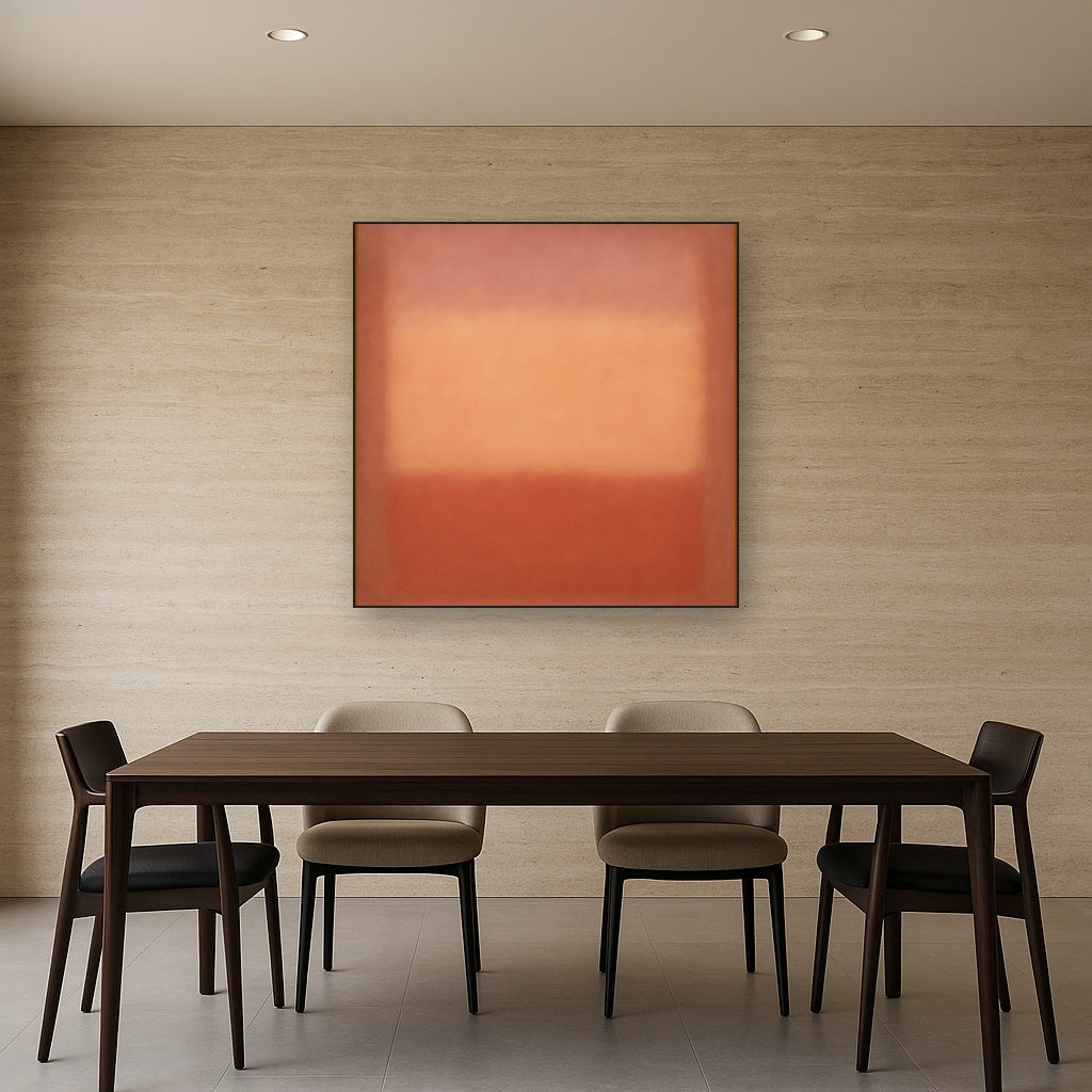 Blush Rose & Dusky Terracotta Ambient Glow No. 26 Oil Painting Staged Above Dining Room Credenza, Elegant Hand Painted Oil Art for Dining Room Walls