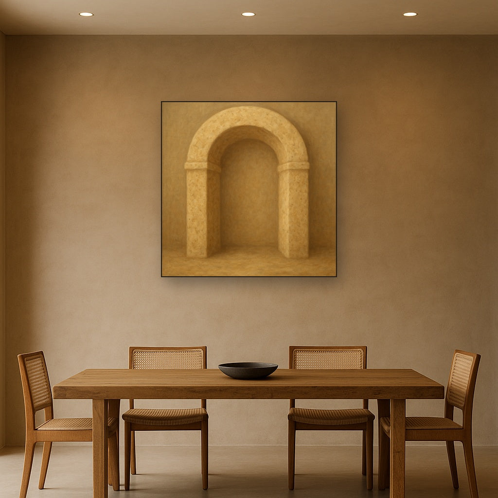 Travertine Stone Arch & Earth Tones No. 23 Oil Painting Staged Above Dining Room Credenza, Elegant Hand Painted Oil Art for Dining Room Walls