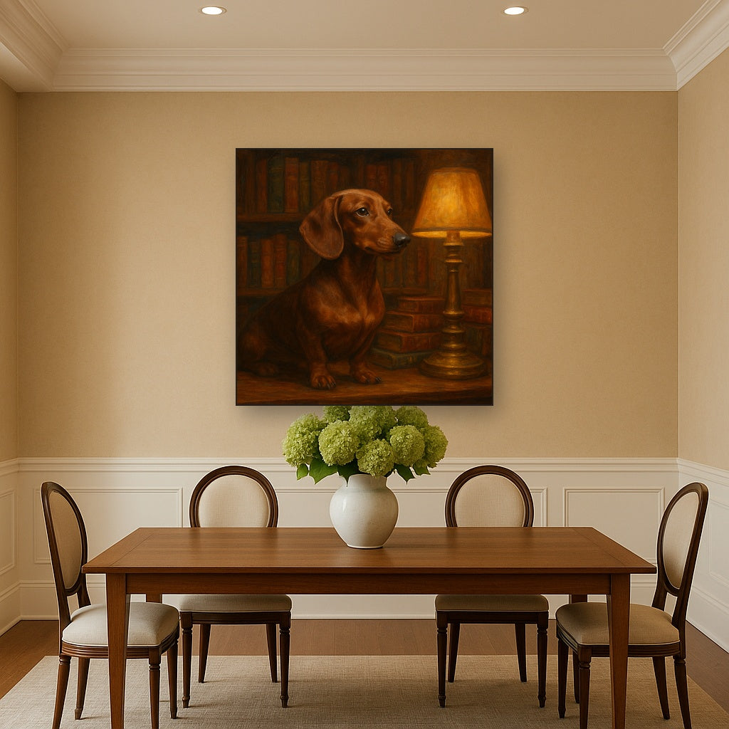 Smooth Dachshund in Moody Library Study No. 7 Fine Art Oil Painting - View 4