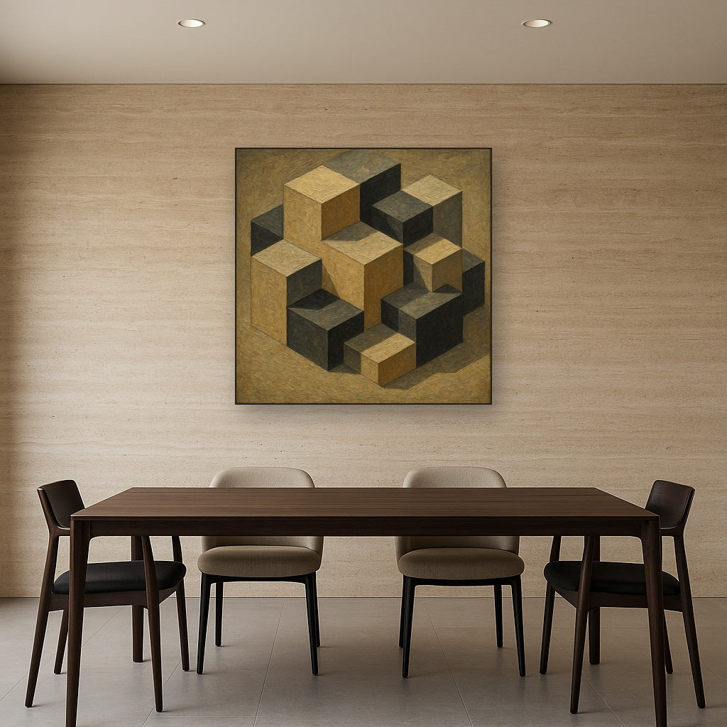 Isometric Modernist Cube Abstraction Oil Painting - Styled in Elegant Dining Room