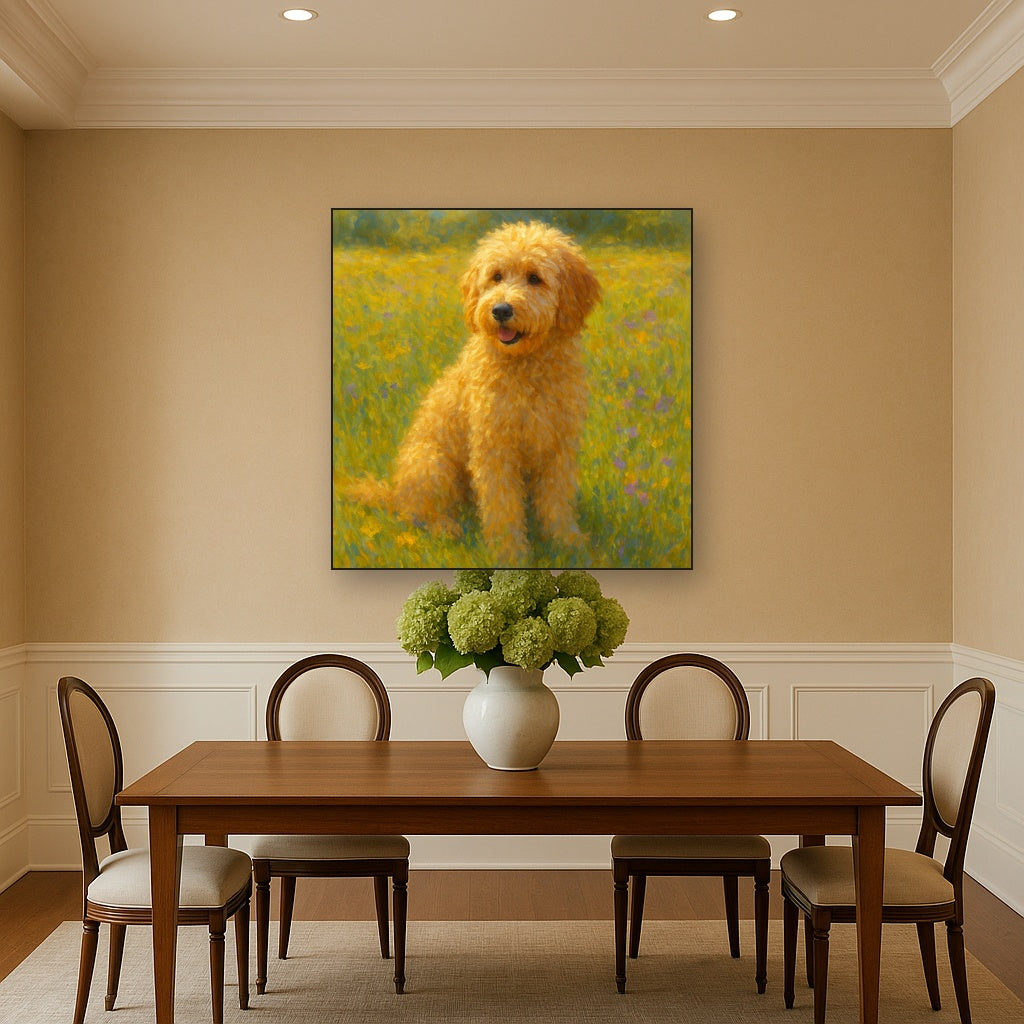 Fluffy Goldendoodle in Sun-Drenched Meadow No. 4 Fine Art Oil Painting - View 4