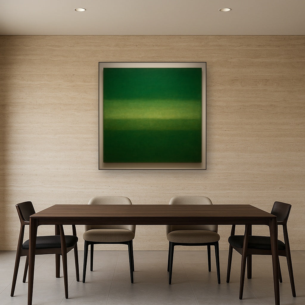Forest Emerald & Deep Moss Contemplative Field No. 22 Oil Painting Staged Above Dining Room Credenza, Elegant Hand Painted Oil Art for Dining Room Walls