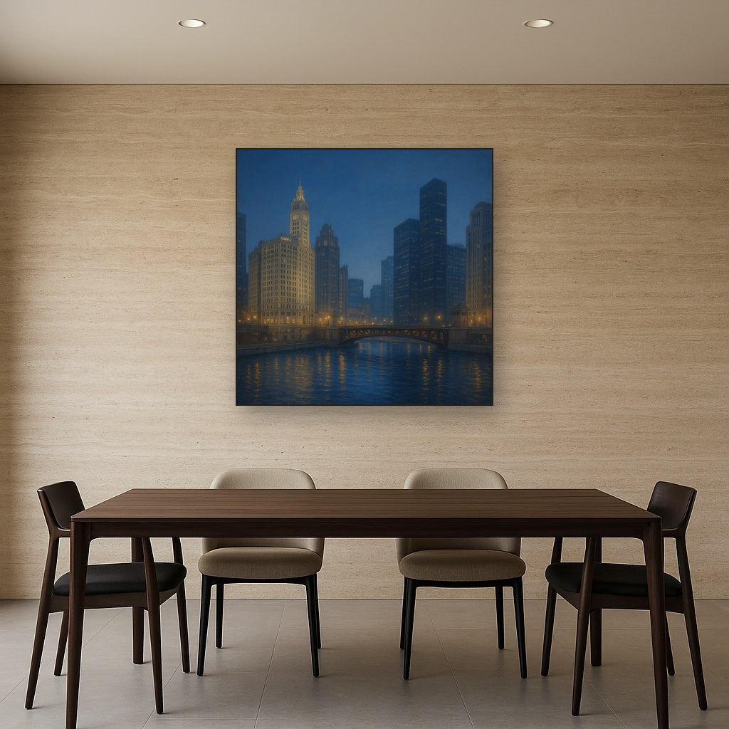 Chicago Riverfront Architecture at Blue Hour No. 3 Oil Painting - View 4