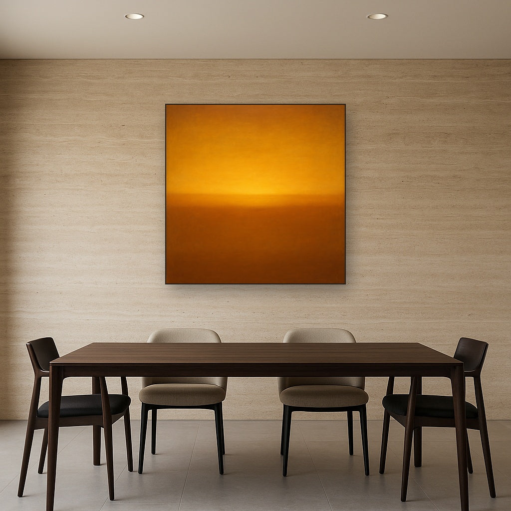 Warm Amber & Raw Sienna Sunset Meditation No. 10 Oil Painting Staged Above Dining Room Credenza, Elegant Hand Painted Oil Art for Dining Room Walls