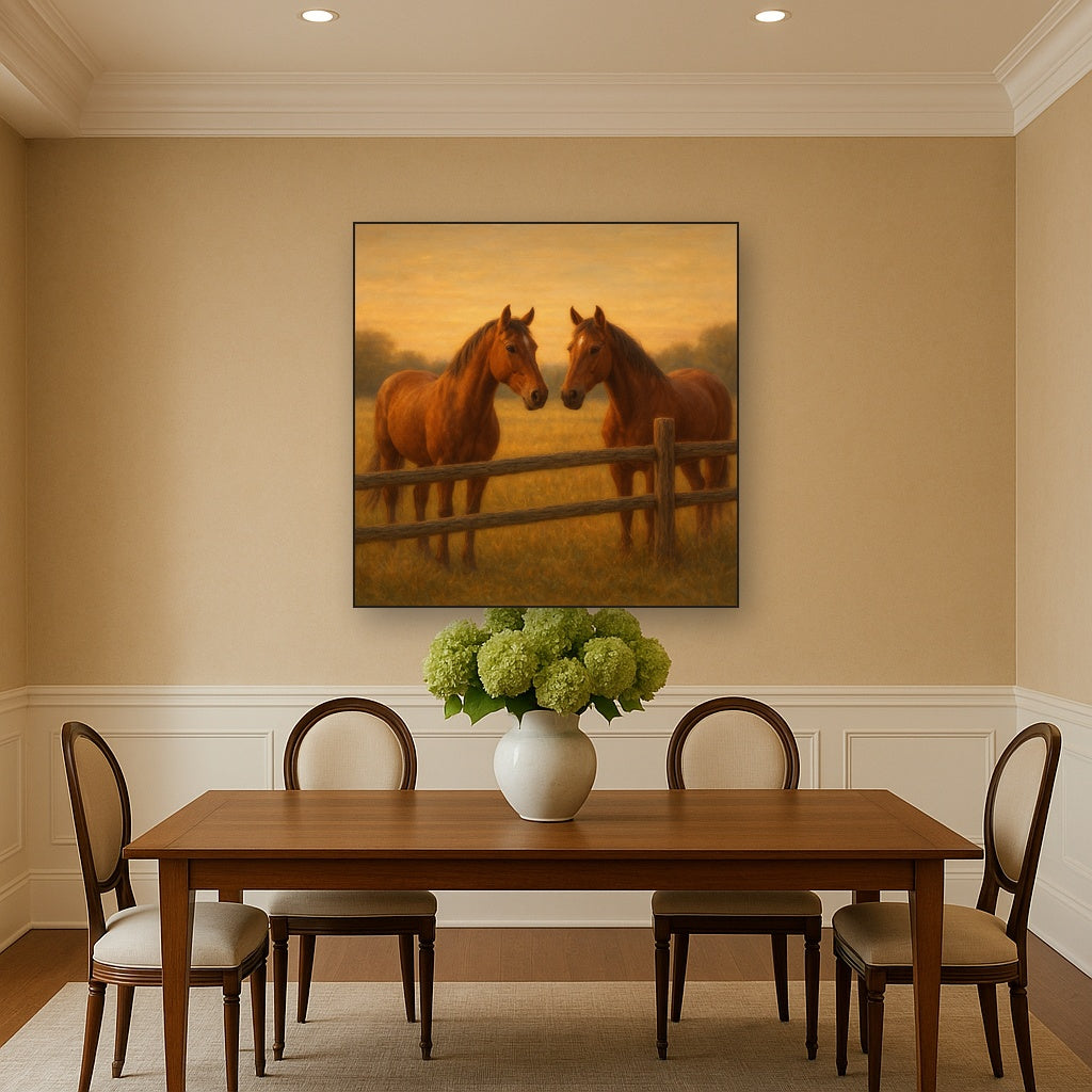 Two Horses at Rustic Post & Rail Fence No. 5 Oil Painting Staged Above Dining Room Credenza, Elegant Hand Painted Oil Art for Dining Room Walls