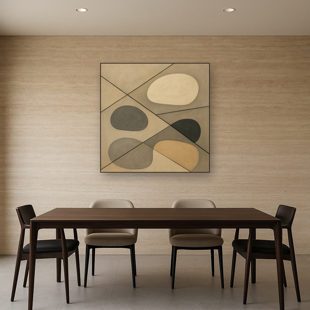 Organic Pebble Contours & Slanted Lines No. 18 Oil Painting Staged Above Dining Room Credenza, Elegant Hand Painted Oil Art for Dining Room Walls