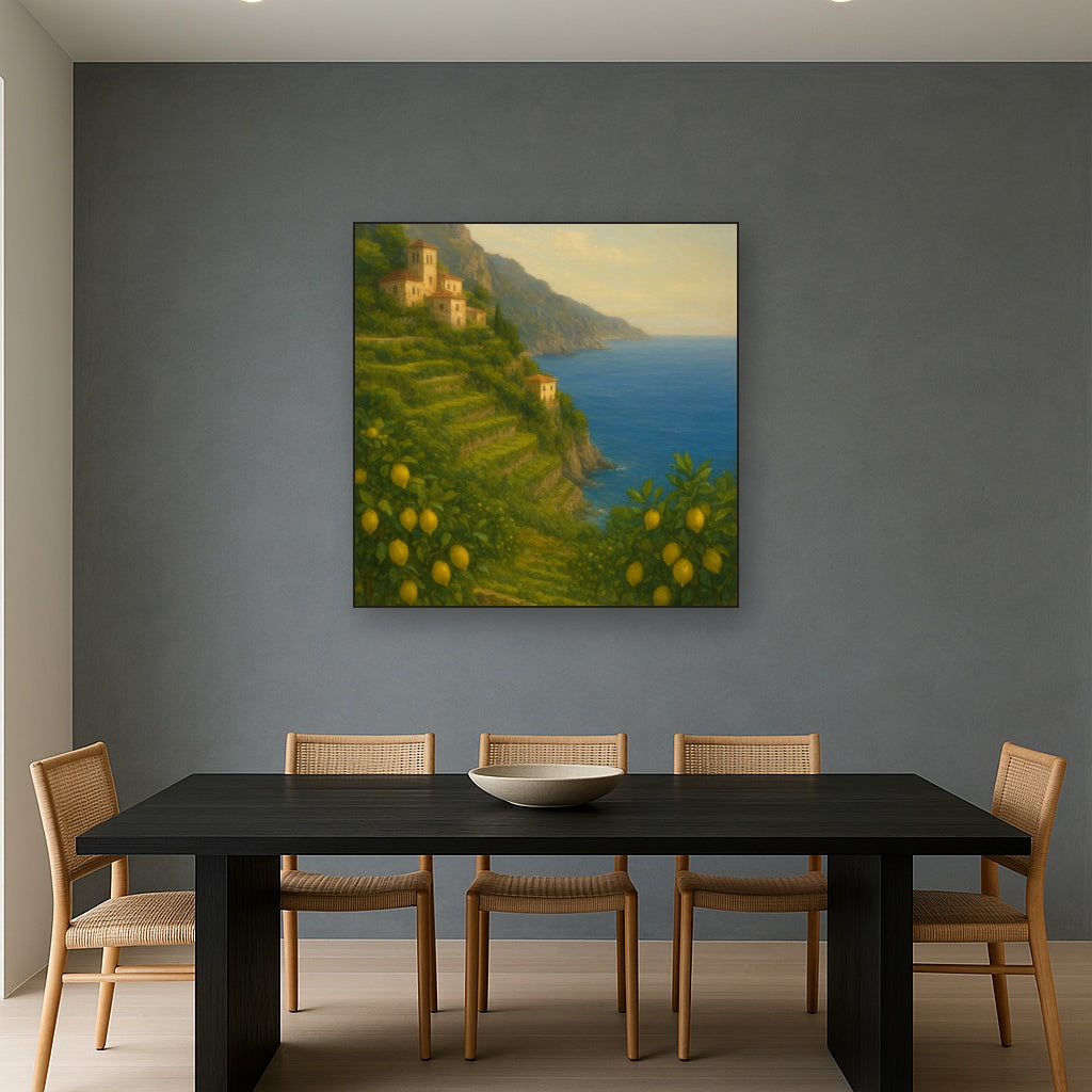 Italian Amalfi Coastline Terraces & Lemon Grove No. 18 Oil Painting Staged Above Dining Room Credenza, Elegant Hand Painted Oil Art for Dining Room Walls
