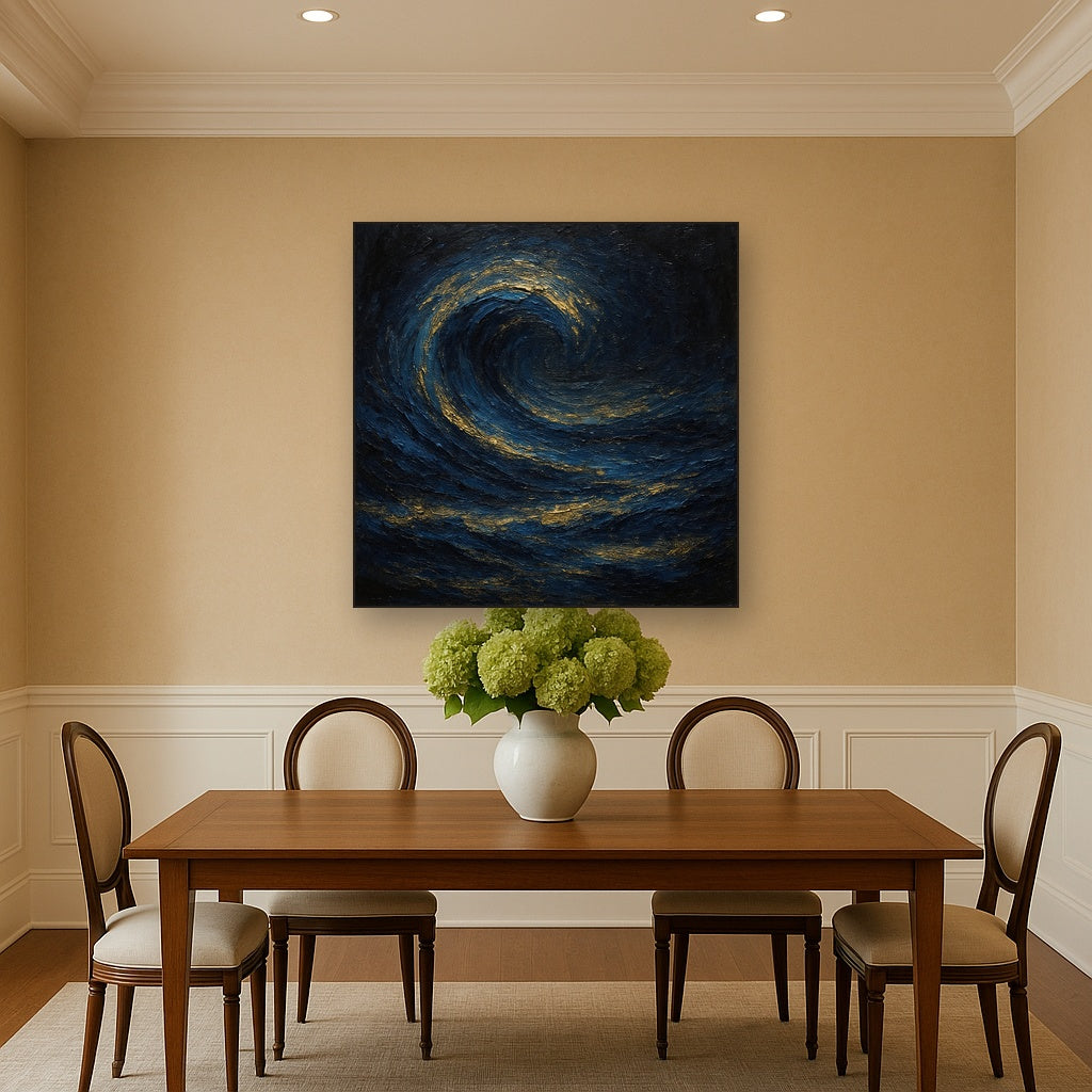 Imperial Sapphire & Midnight Wave No. 4 Oil Painting - Styled in Elegant Dining Room