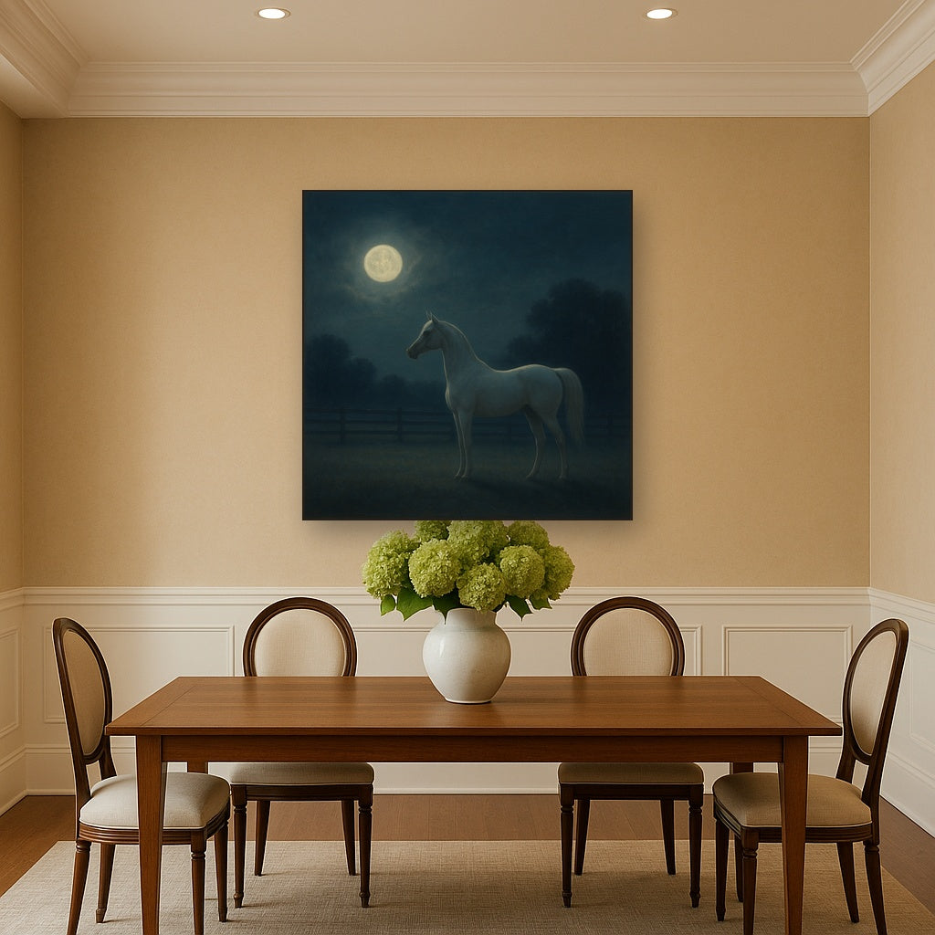 Moonlit Paddock with White Arabian Silhouette No. 7 Oil Painting - View 4