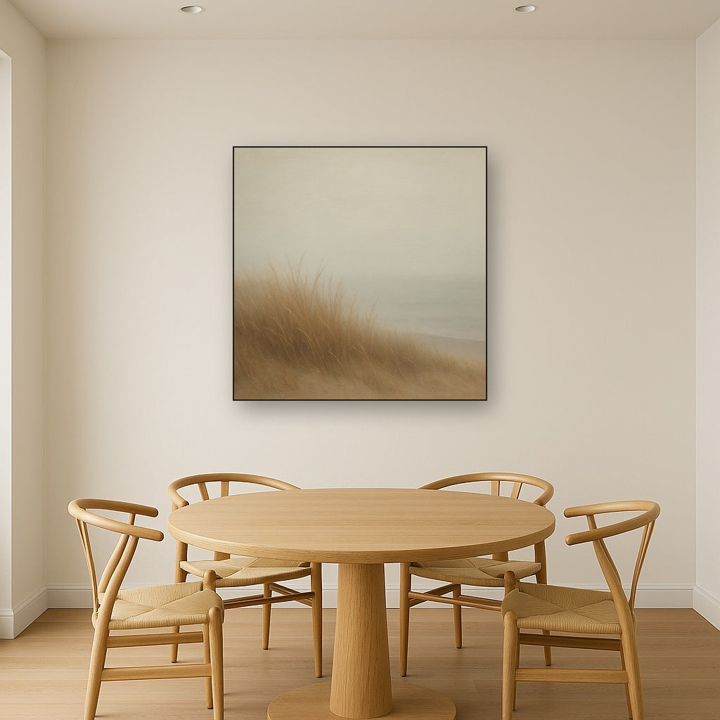 Silent Dune Grass in November Sea Fog No. 24 Oil Painting Staged Above Dining Room Credenza, Elegant Hand Painted Oil Art for Dining Room Walls