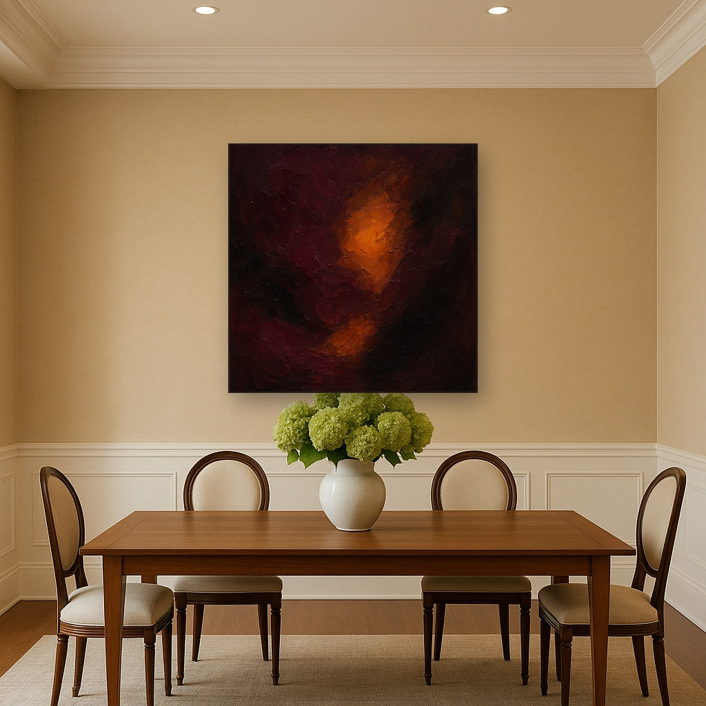 Rich Burgundy Plum & Velvet Amber Oil Painting - Styled in Elegant Dining Room