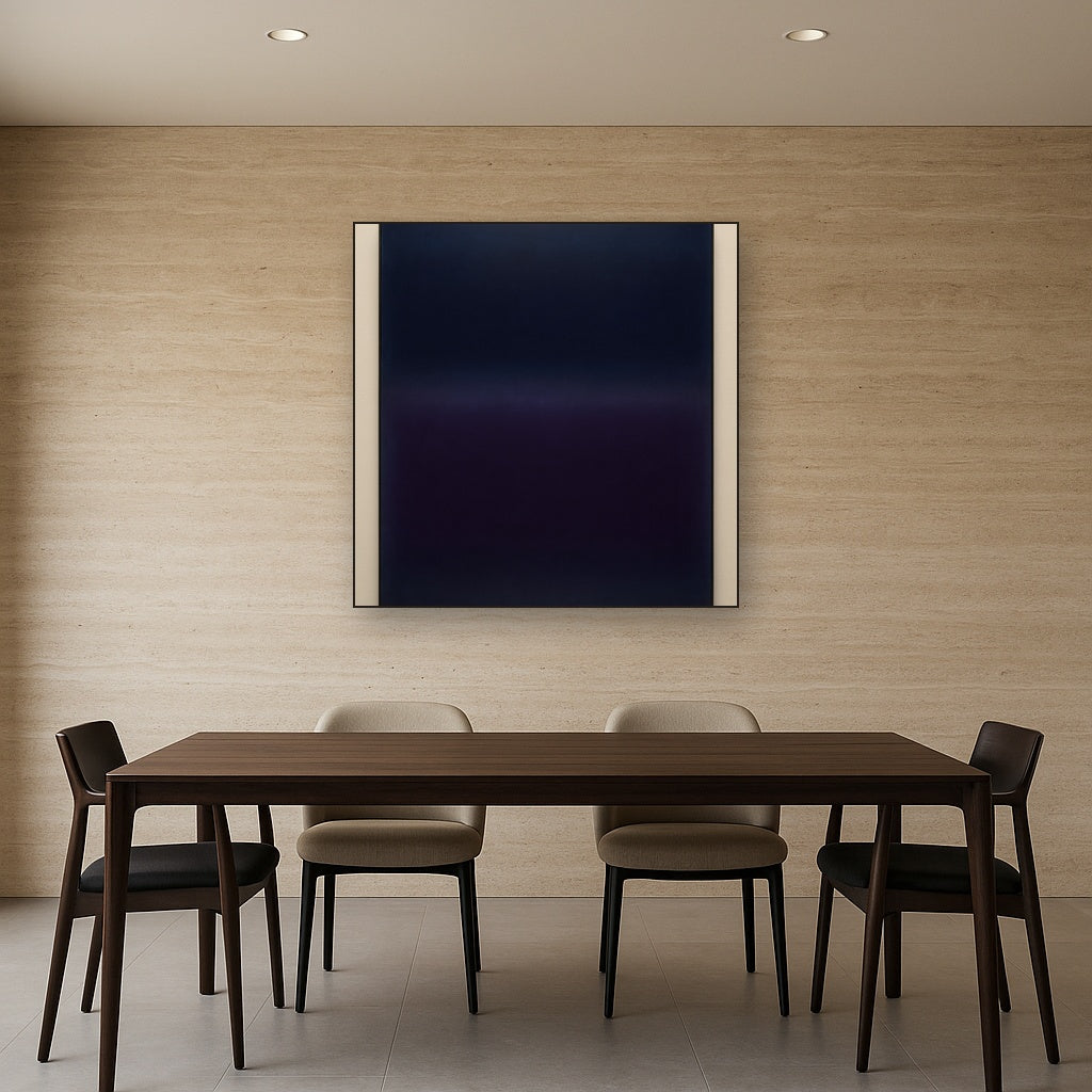 Deep Indigo & Midnight Plum Ambient Field No. 18 Oil Painting Staged Above Master Bed in Bedroom, Calming Neutral Hand Painted Oil Art