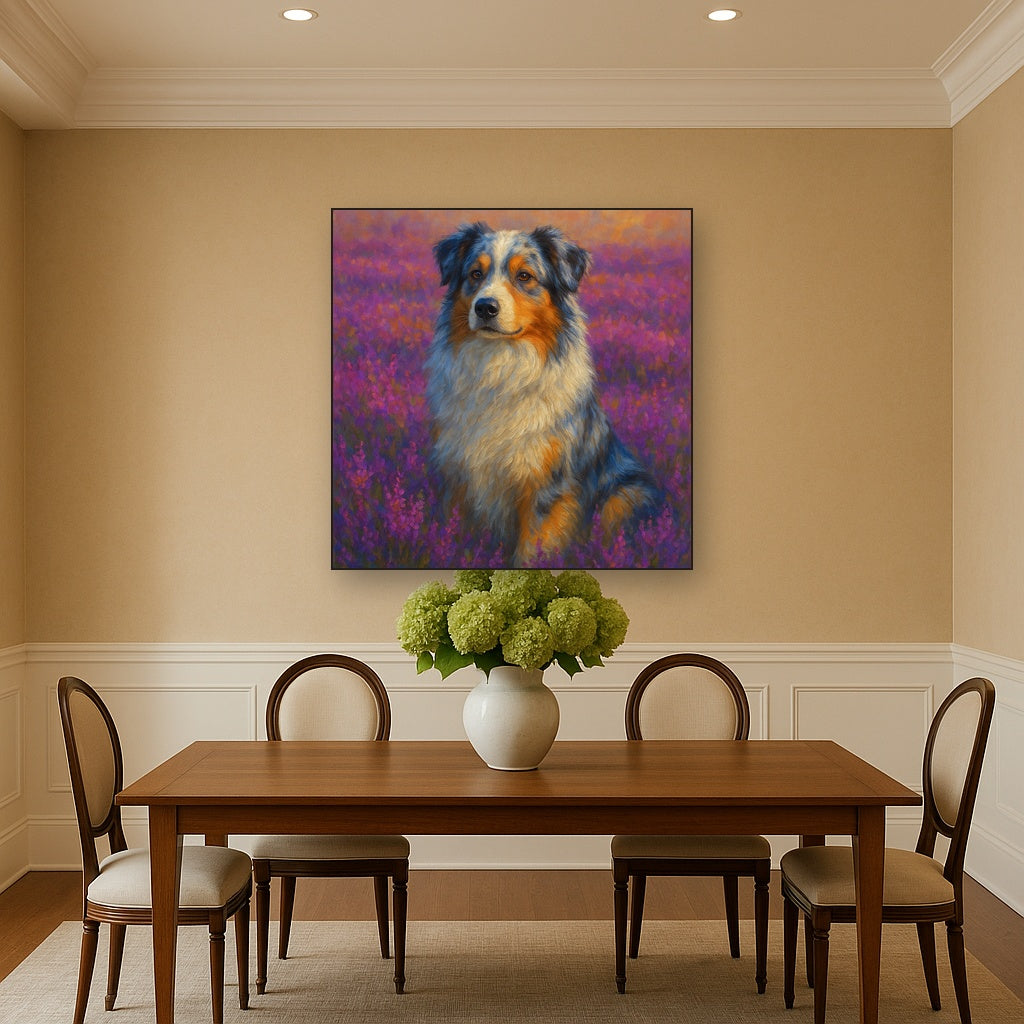 Australian Shepherd in Blooming Heather Field No. 12 Fine Art Oil Painting - View 4