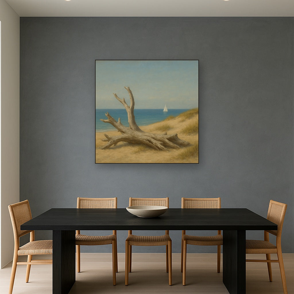 Sun-Bleached Driftwood & Distant Sailboat No. 15 Oil Painting Staged Above Dining Room Credenza, Elegant Hand Painted Oil Art for Dining Room Walls