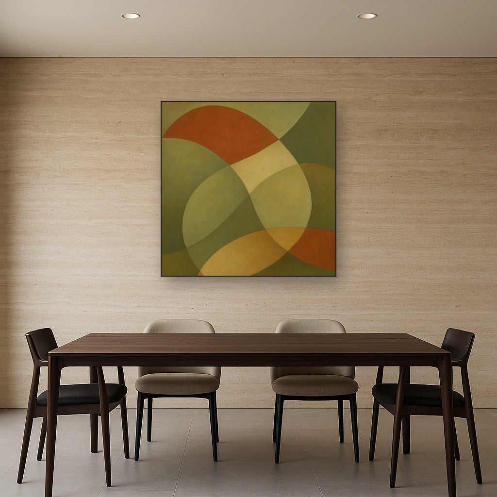 Intersecting Curved Forms in Olive & Rust No. 24 Oil Painting Staged Above Dining Room Credenza, Elegant Hand Painted Oil Art for Dining Room Walls