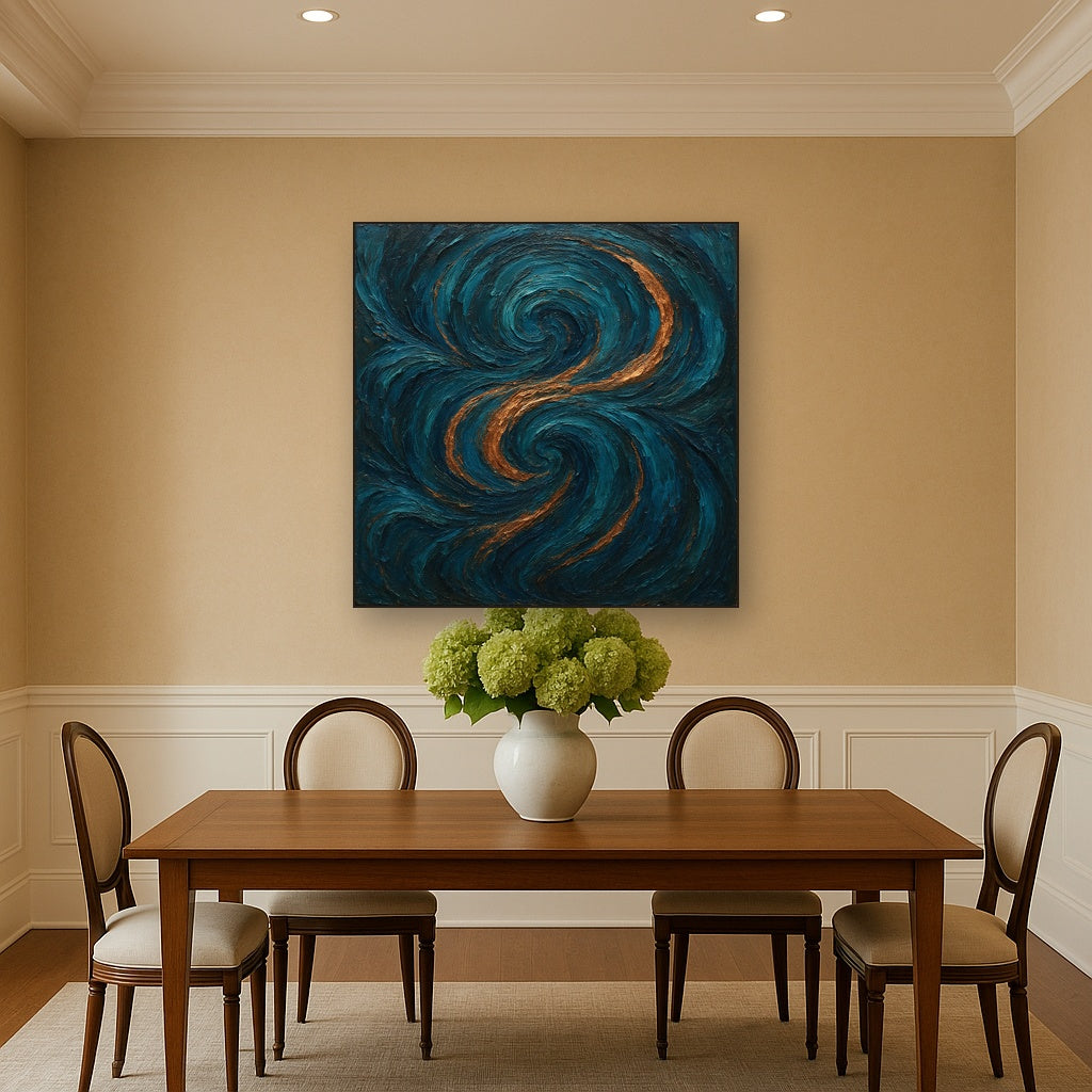 Peacock Teal & Liquid Copper Swirl No. 5 Oil Painting - Styled in Elegant Dining Room