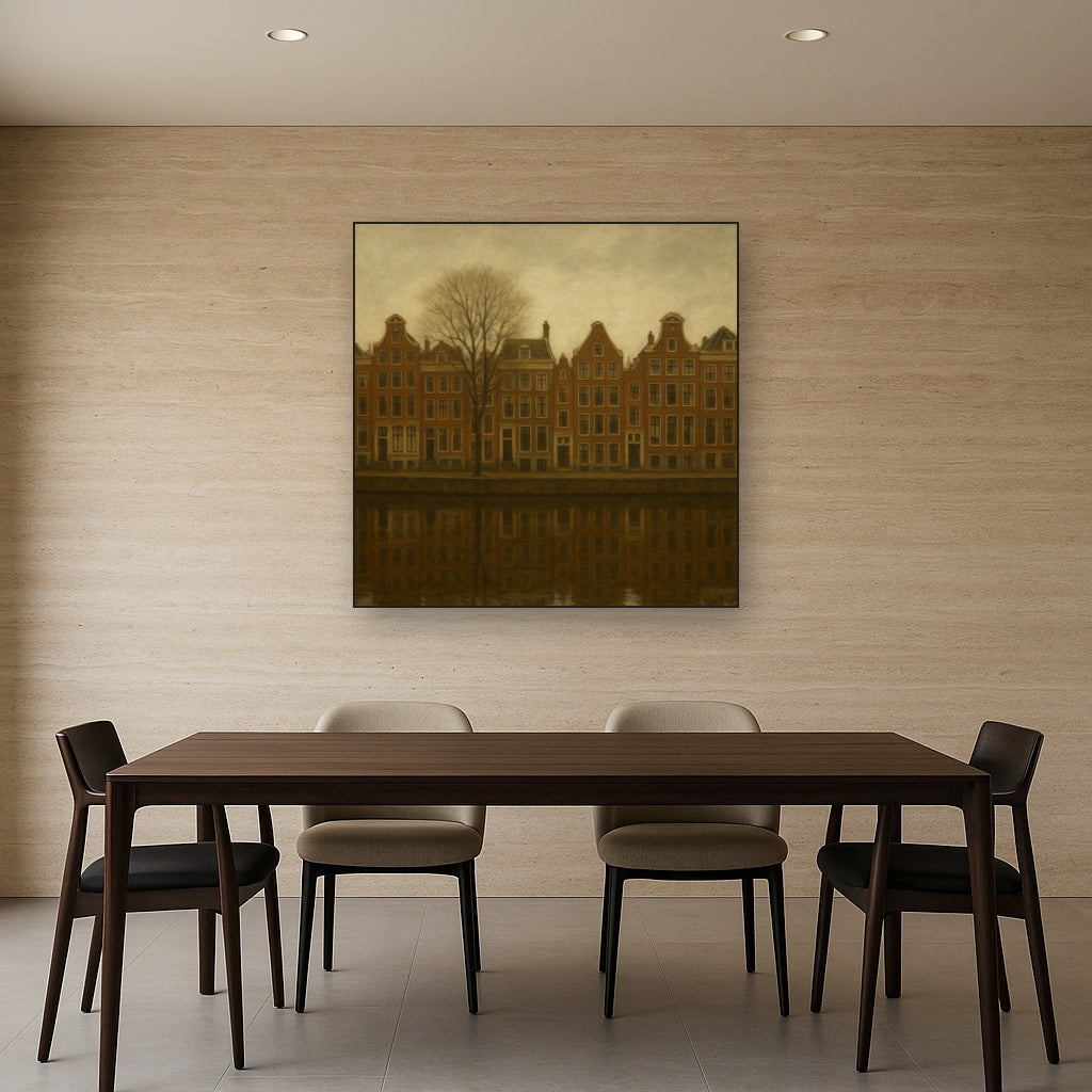 Amsterdam Canal Houses Under Overcast Sky No. 5 Oil Painting Staged Above Dining Room Credenza, Elegant Hand Painted Oil Art for Dining Room Walls