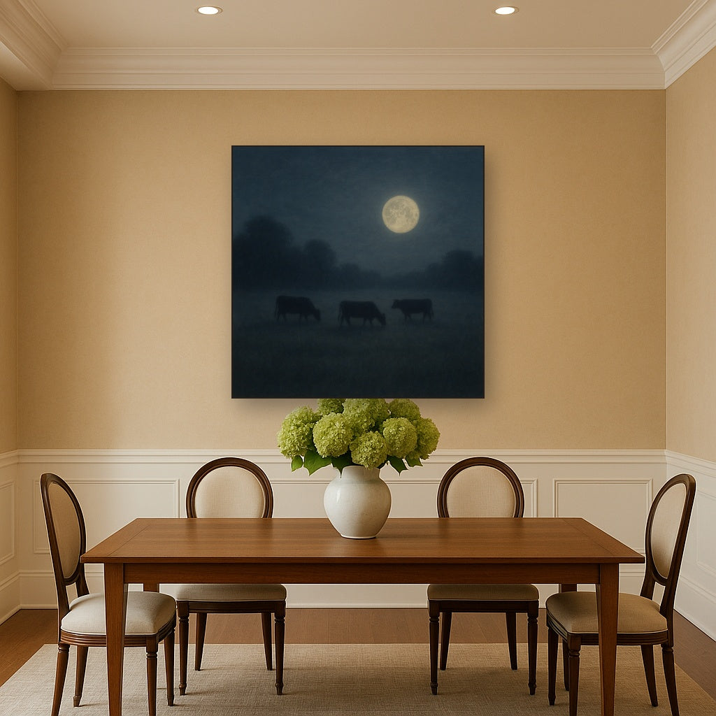 Moonlit Pastoral Meadow & Cattle Silhouettes No. 8 Oil Painting - View 4