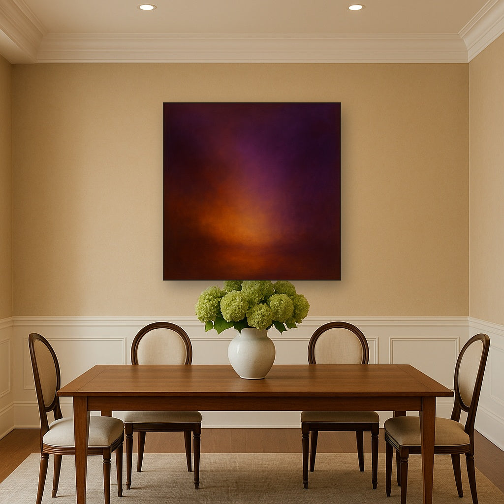 Burnt Amber & Velvet Amethyst Atmosphere No. 12 Oil Painting Staged Above Dining Room Credenza, Elegant Hand Painted Oil Art for Dining Room Walls