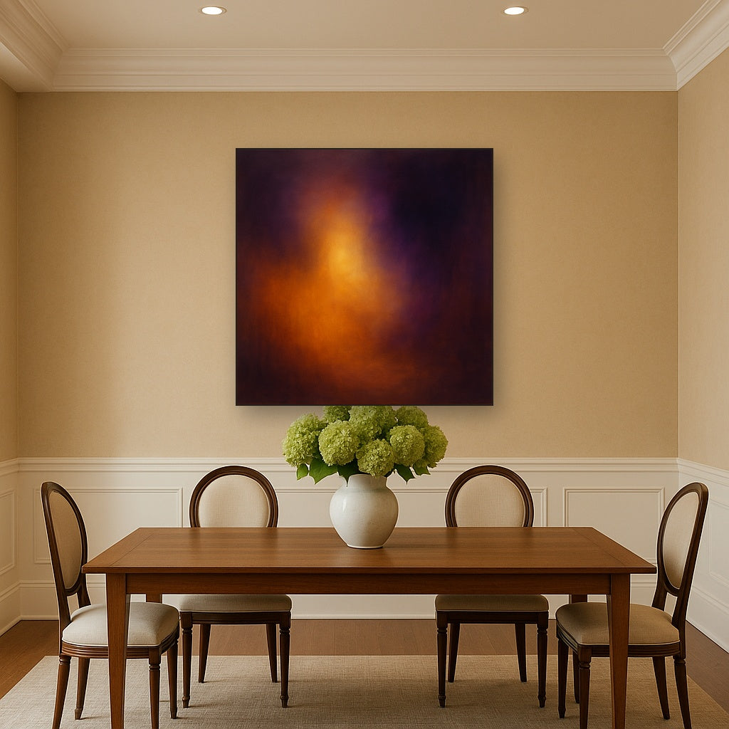 Burnt Amber & Velvet Amethyst Atmosphere No. 9 Oil Painting Staged Above Dining Room Credenza, Elegant Hand Painted Oil Art for Dining Room Walls