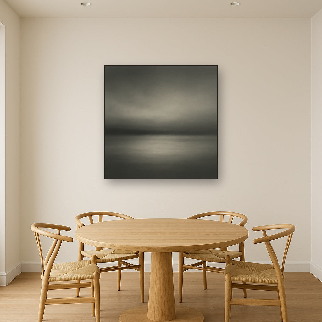 Monochrome Charcoal Drift & Soft Sfumato Horizon No. 5 Oil Painting Staged Above Dining Room Credenza, Elegant Hand Painted Oil Art for Dining Room Walls