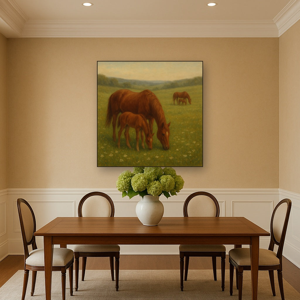 Mares & Foals Grazing in Rolling Meadow No. 12 Oil Painting - View 4