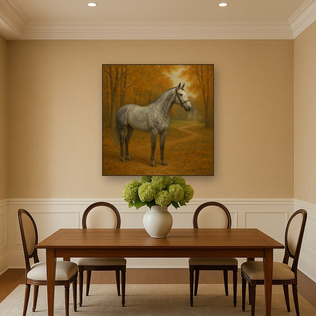 Dappled Grey Hunter in Autumn Woodland No. 15 Oil Painting Staged Above Dining Room Credenza, Elegant Hand Painted Oil Art for Dining Room Walls