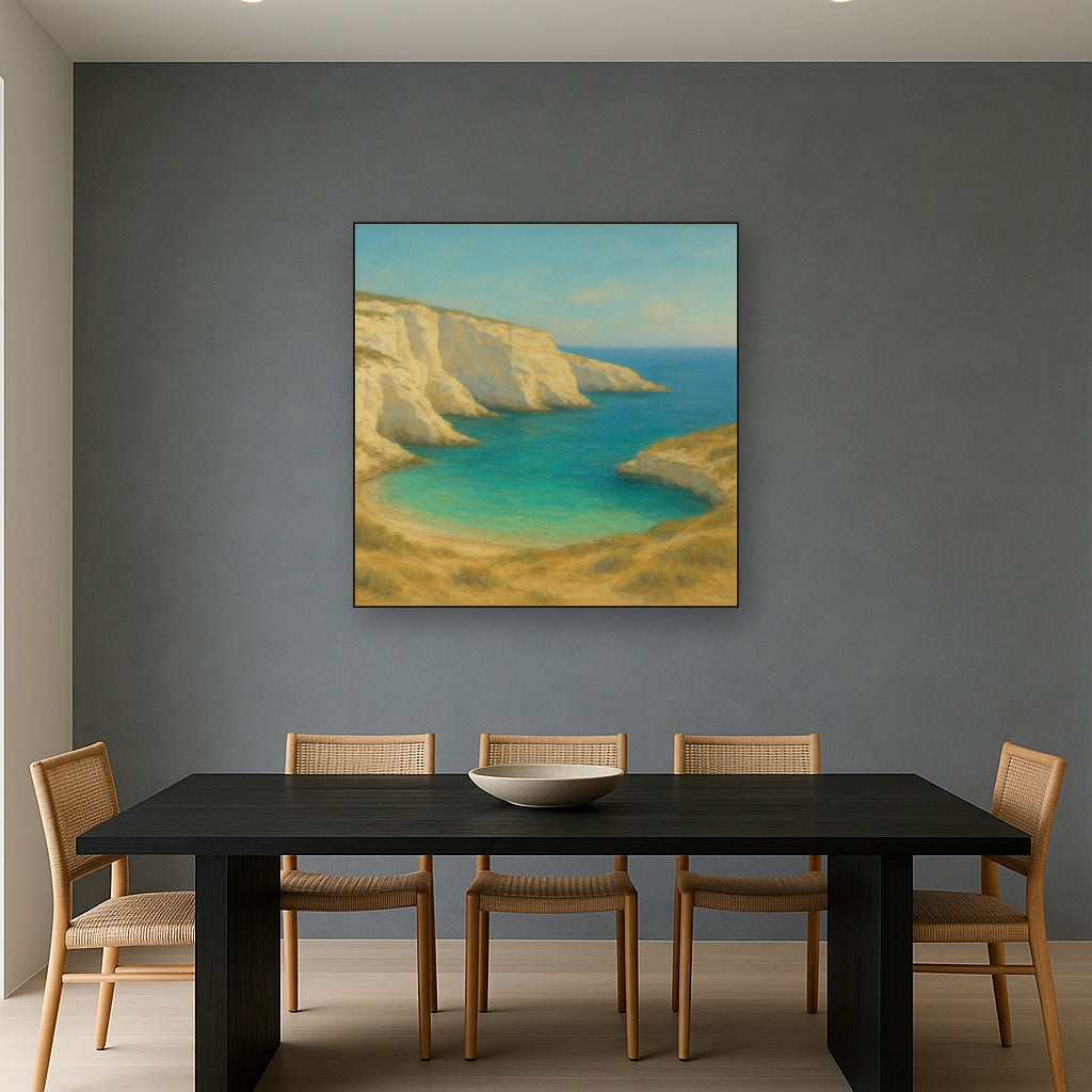 Mediterranean White Cliffs & Turquoise Cove No. 17 Oil Painting Staged Above Dining Room Credenza, Elegant Hand Painted Oil Art for Dining Room Walls