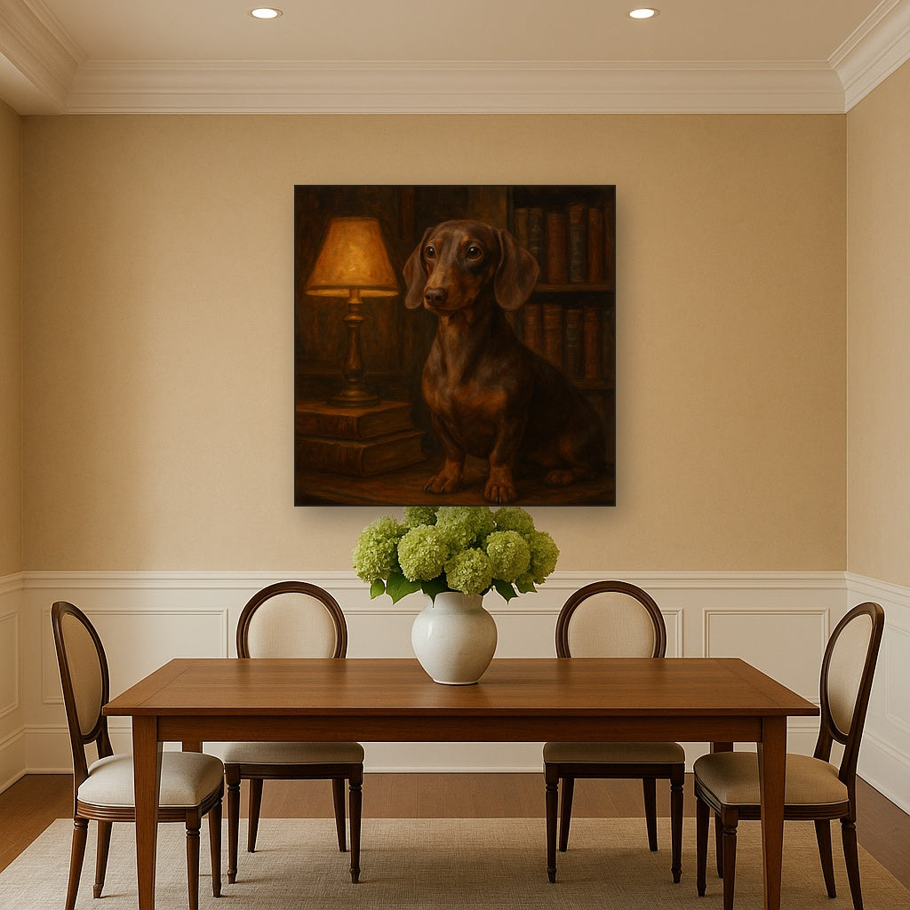 Smooth Dachshund in Moody Library Study No. 17 Fine Art Oil Painting - View 4