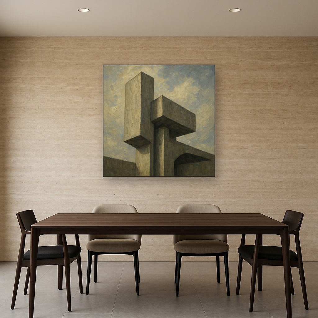 Brutalist Concrete Monolith & Sky No. 4 Oil Painting - Styled in Elegant Dining Room