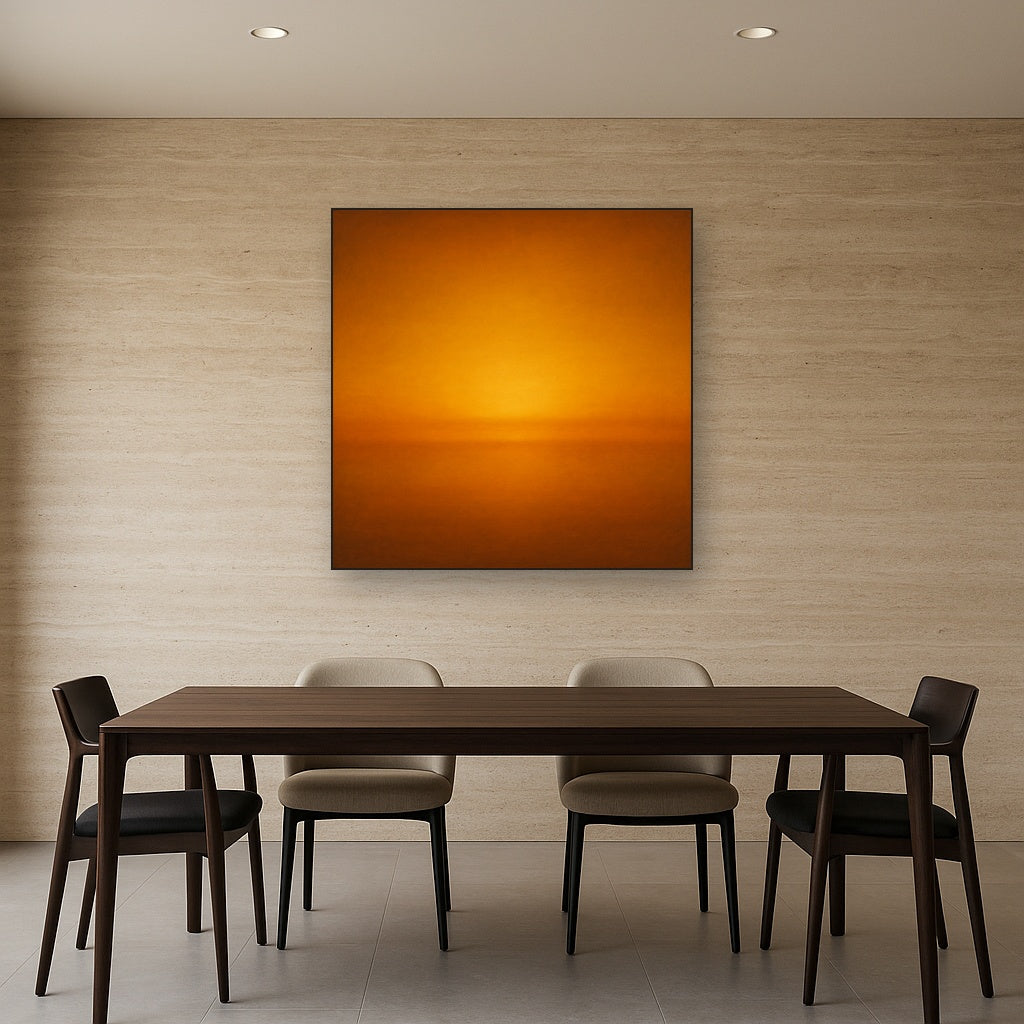 Warm Amber & Raw Sienna Sunset Meditation No. 18 Oil Painting Staged Above Dining Room Credenza, Elegant Hand Painted Oil Art for Dining Room Walls