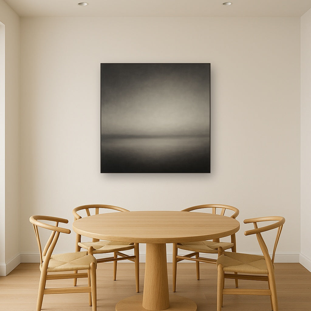 Monochrome Charcoal Drift & Soft Sfumato Horizon No. 3 Oil Painting Staged Above Dining Room Credenza, Elegant Hand Painted Oil Art for Dining Room Walls