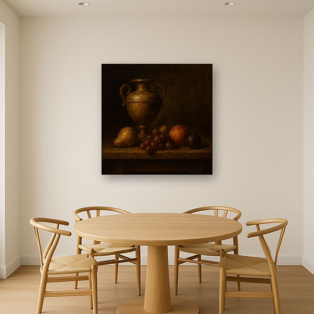 Classical Chiaroscuro Fruit & Urn Still Life Oil Painting - Styled in Elegant Dining Room