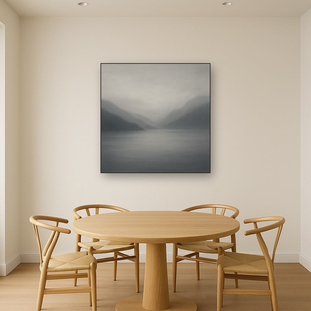 Misty Fjord Horizon in Monochromatic Slate No. 19 Oil Painting Staged Above Dining Room Credenza, Elegant Hand Painted Oil Art for Dining Room Walls