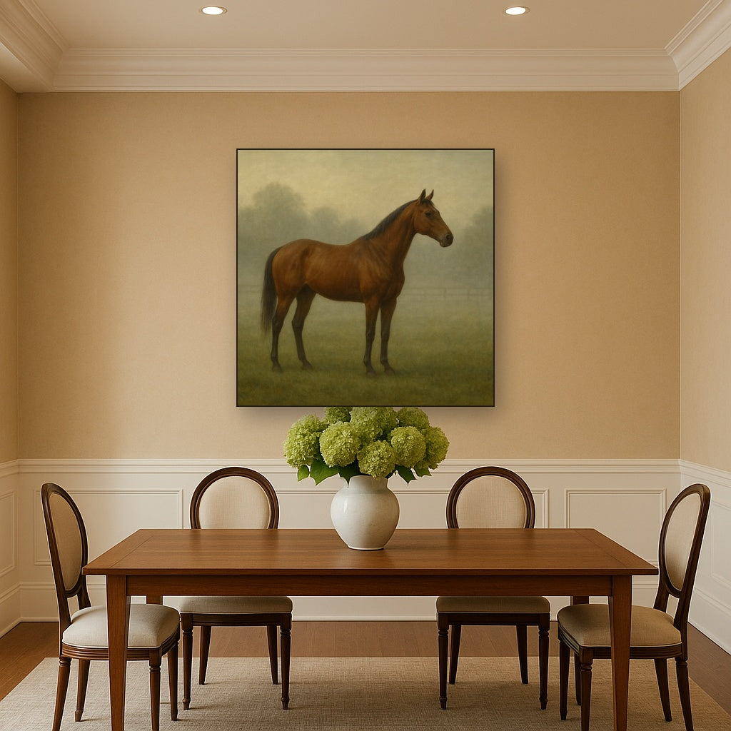 Thoroughbred in Morning Pasture Mist No. 7 Oil Painting - View 4