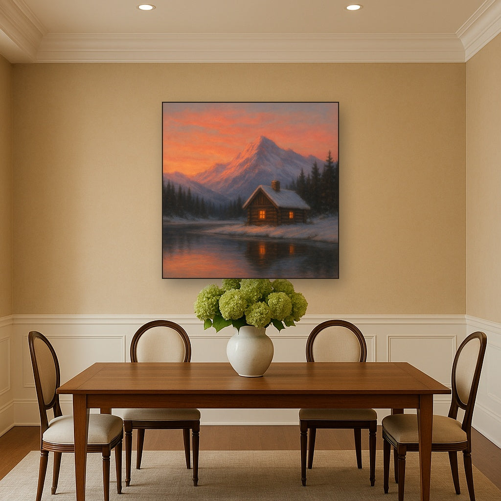 Winter Solstice Mountain Cabin Reflection No. 4 Oil Painting - View 4