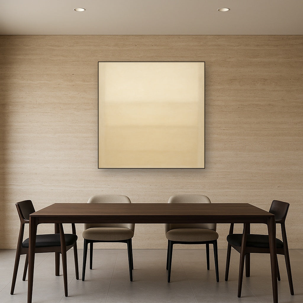 Oatmeal White & Pale Alabaster Monochrome Study No. 18 Oil Painting Staged Above Dining Room Credenza, Elegant Hand Painted Oil Art for Dining Room Walls