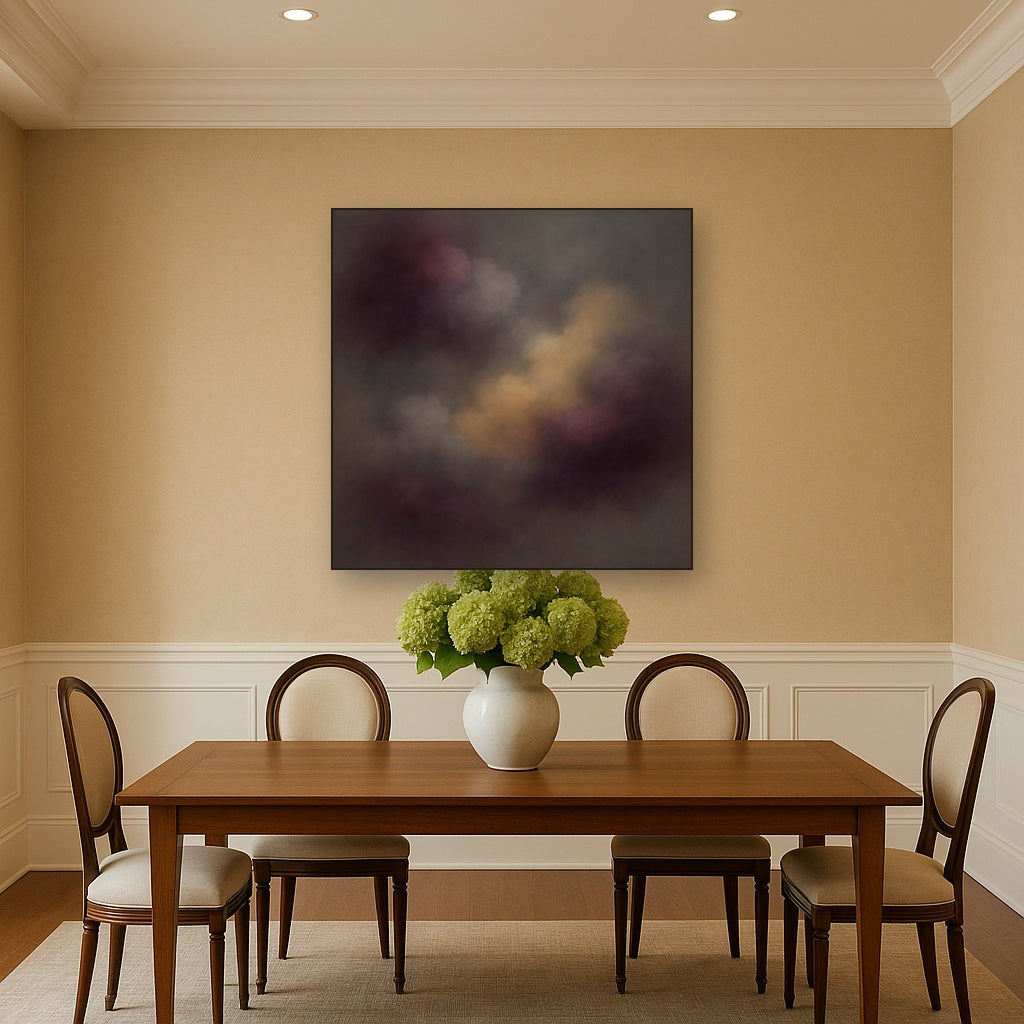 Gilded Plum & Soft Smoke Cloud Harmony Oil Painting Staged Above Dining Room Credenza, Elegant Hand Painted Oil Art for Dining Room Walls