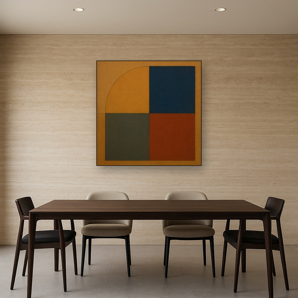 Bauhaus Quadrant Harmony in Primary Earth Tones No. 15 Oil Painting Staged Above Dining Room Credenza, Elegant Hand Painted Oil Art for Dining Room Walls