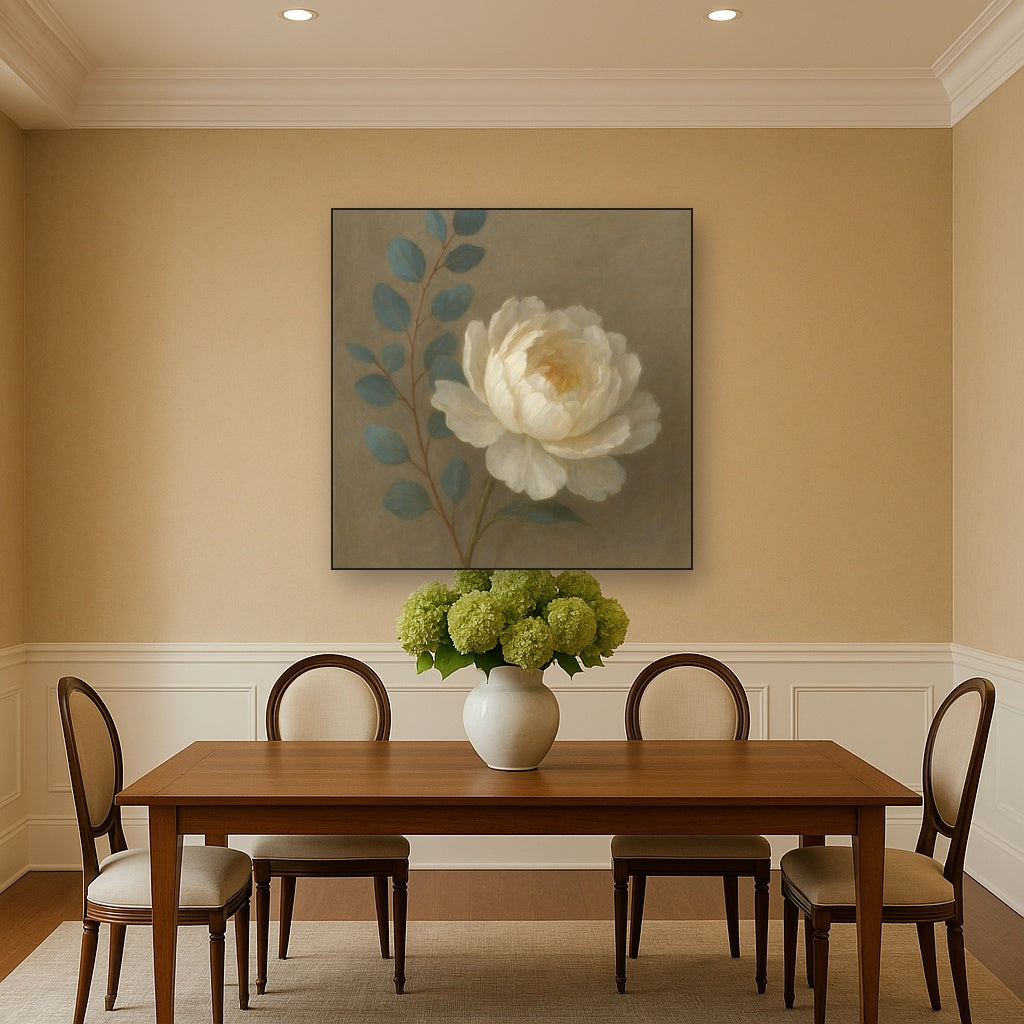 Eucalyptus & White Peony Minimalist Flora No. 12 Fine Art Oil Painting - View 4