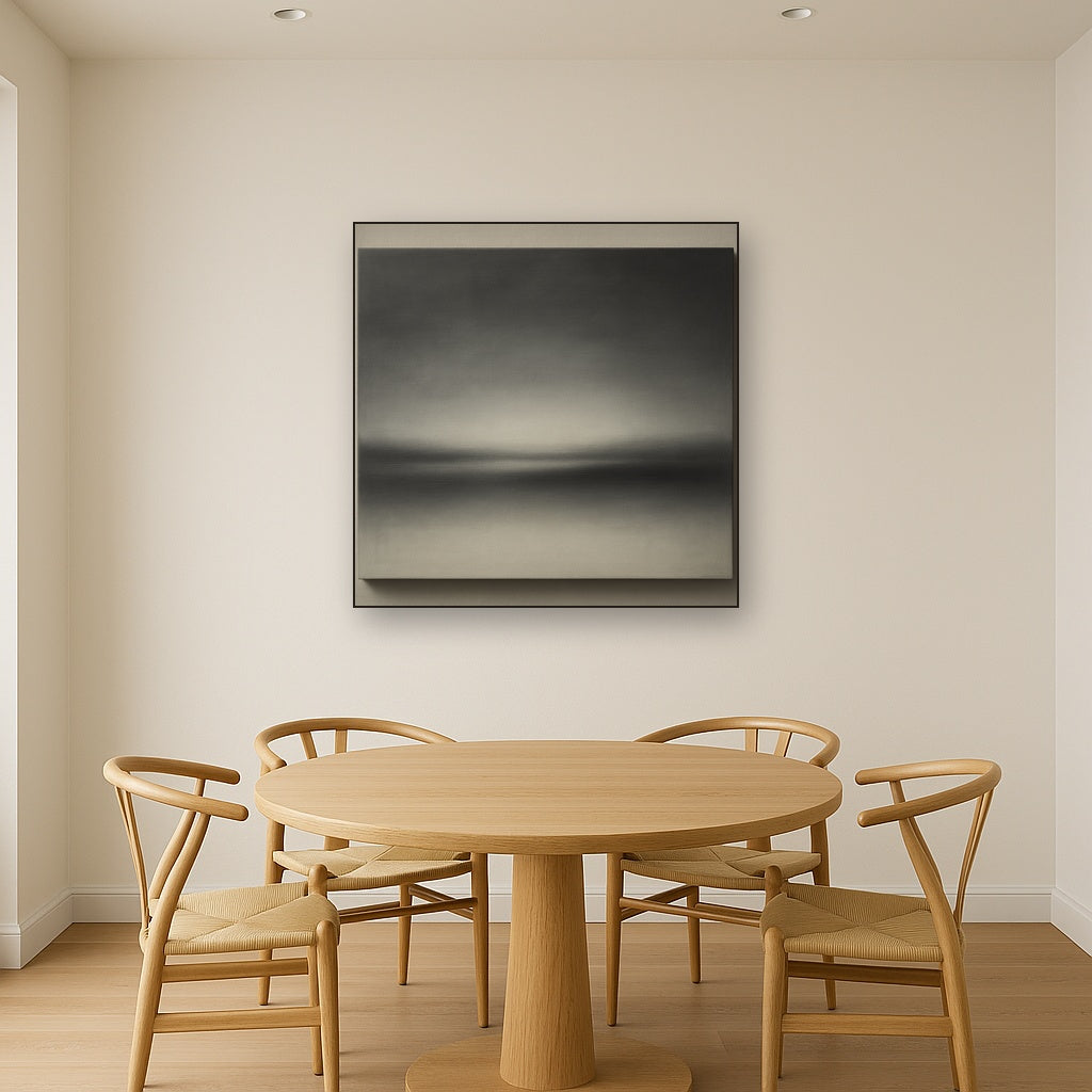 Monochrome Charcoal Drift & Soft Sfumato Horizon No. 6 Oil Painting Staged Above Dining Room Credenza, Elegant Hand Painted Oil Art for Dining Room Walls