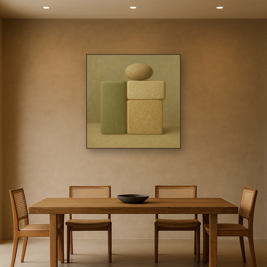 Muted Olive & Sandstone Geometric Balance No. 14 Oil Painting Staged Above Dining Room Credenza, Elegant Hand Painted Oil Art for Dining Room Walls