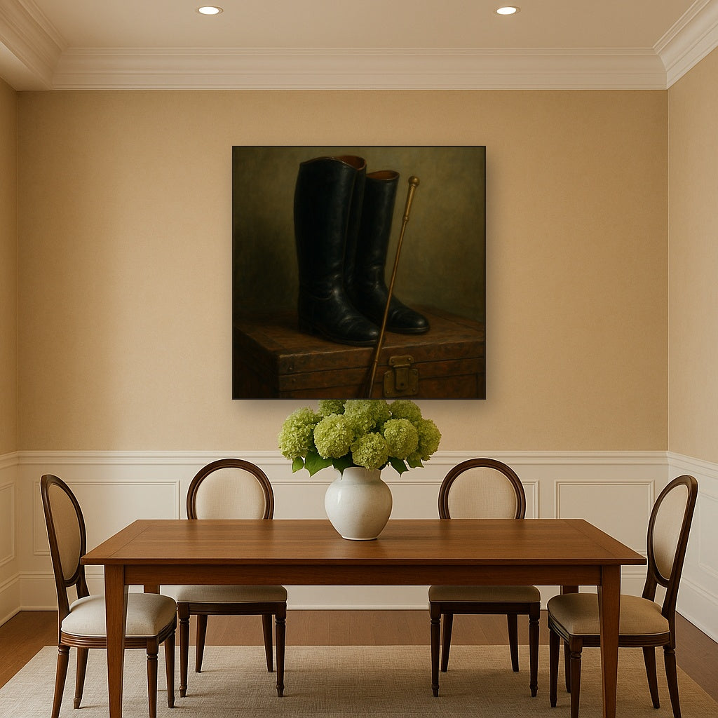 Vintage Riding Boots & Brass Crop on Trunk No. 11 Oil Painting - View 4
