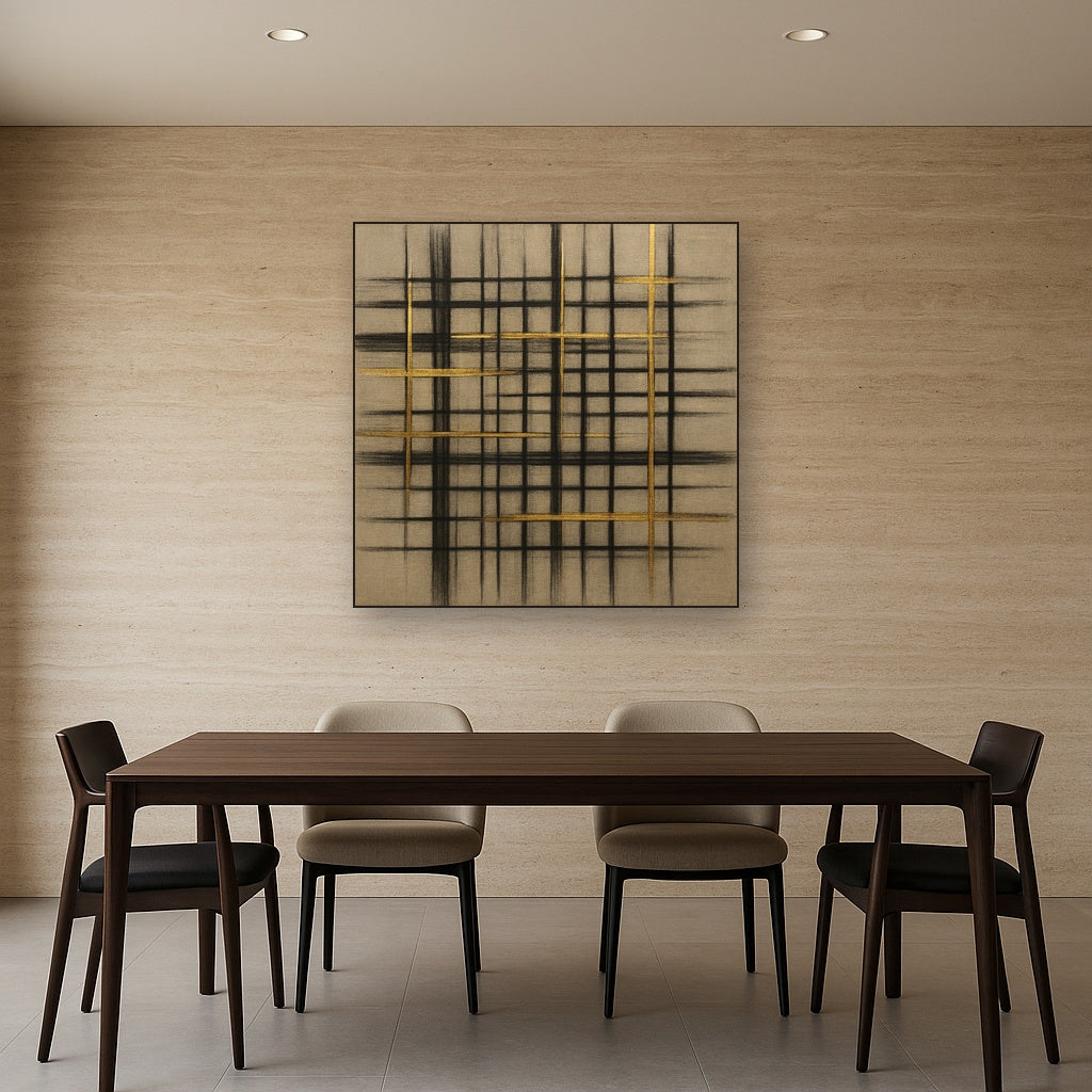 Abstract Woven Line Matrix in Charcoal & Gold No. 5 Fine Art Oil Painting - View 4