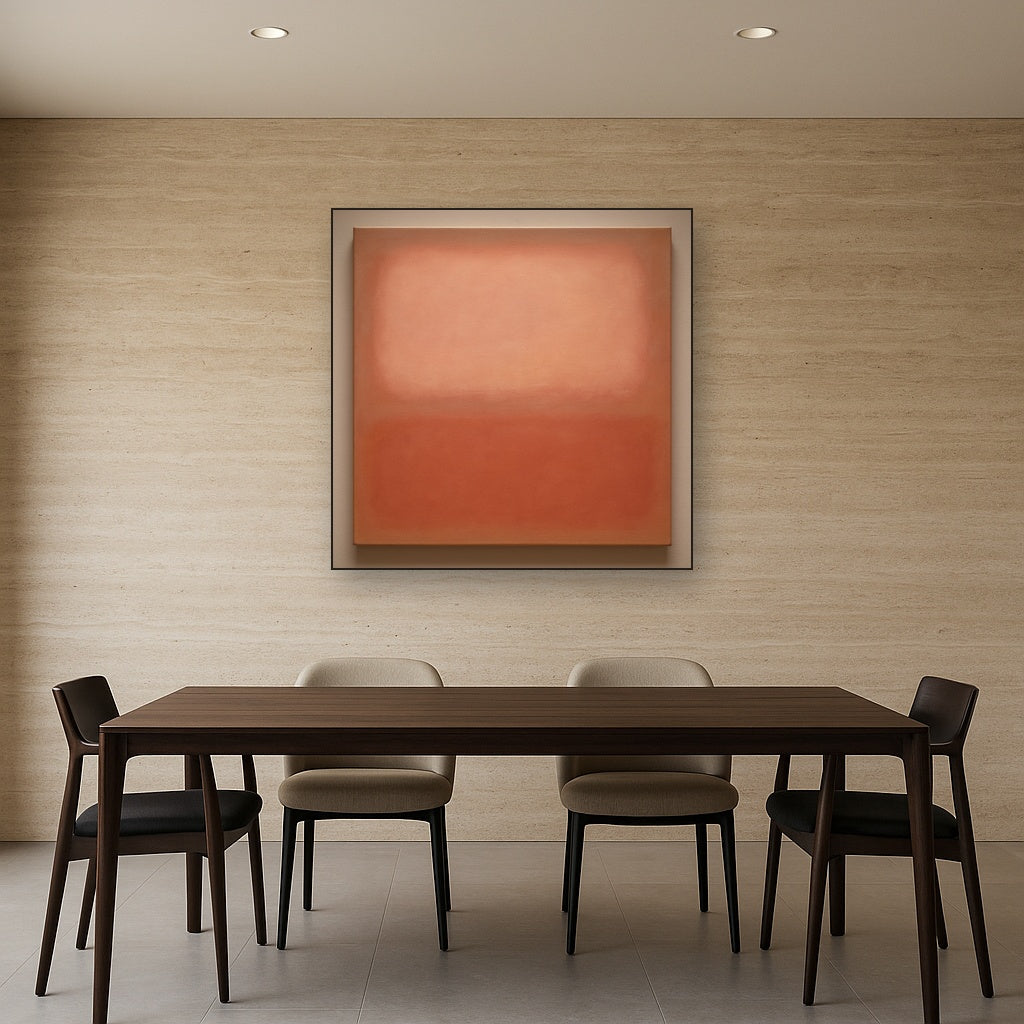 Blush Rose & Dusky Terracotta Ambient Glow No. 28 Oil Painting Staged Above Dining Room Credenza, Elegant Hand Painted Oil Art for Dining Room Walls