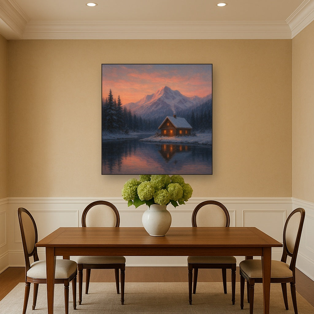 Winter Solstice Mountain Cabin Reflection No. 9 Oil Painting - View 4